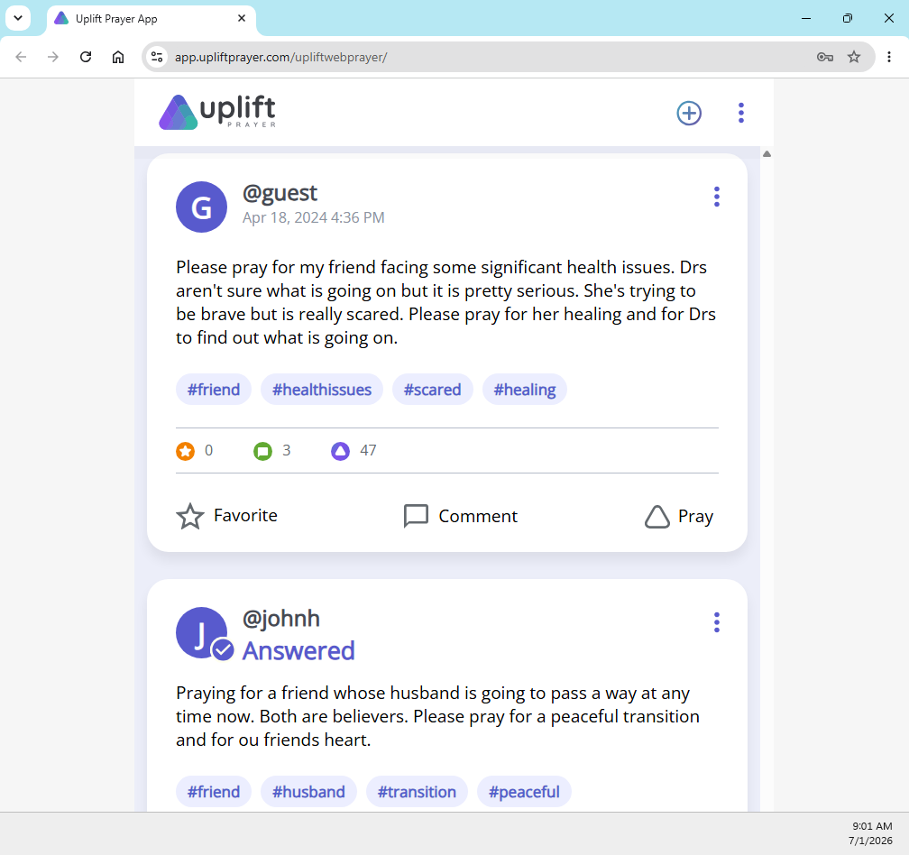 Screenshot of the Uplift Prayer web prayer wall demo