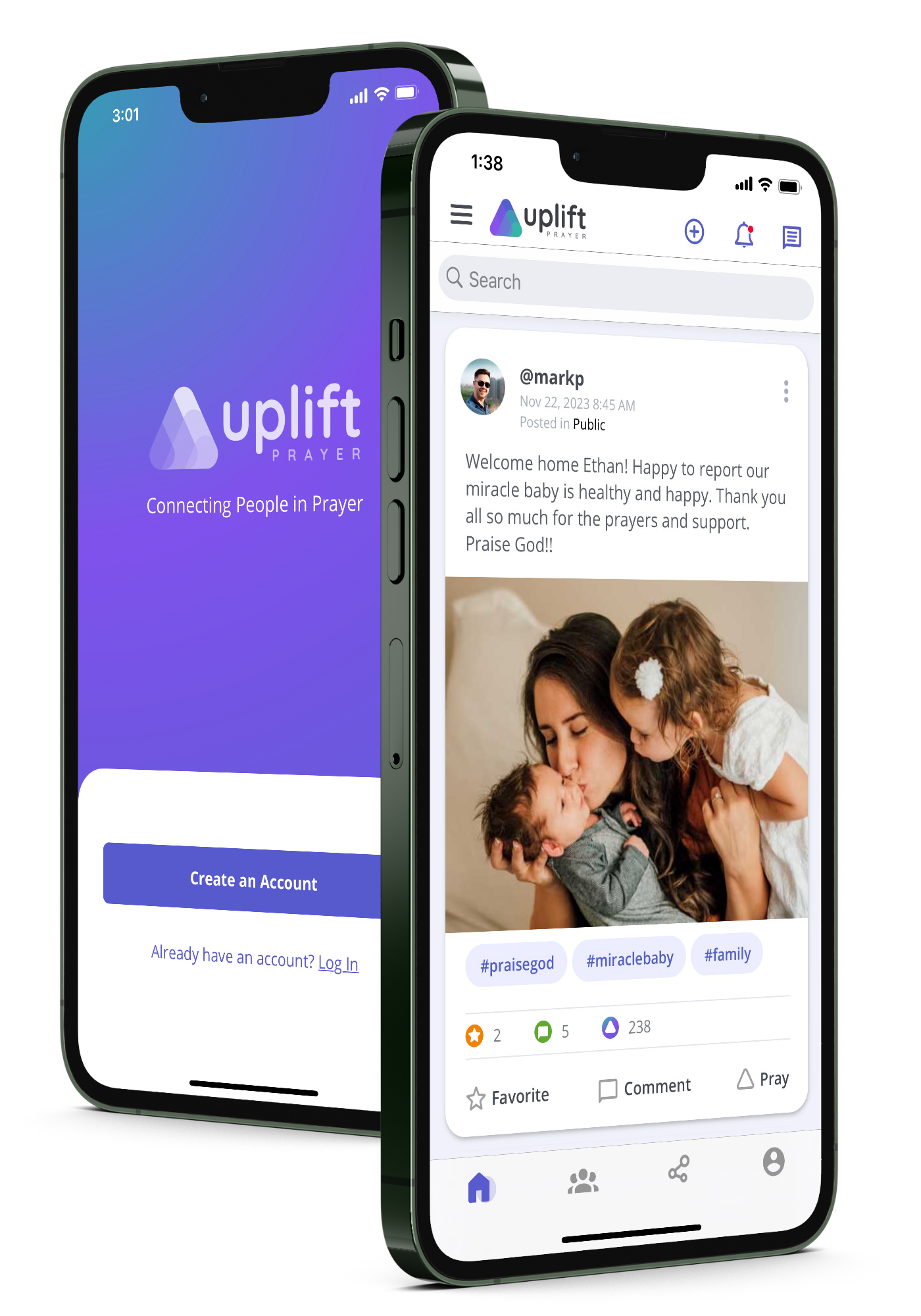 Uplift Prayer app showing a shared prayer feed
